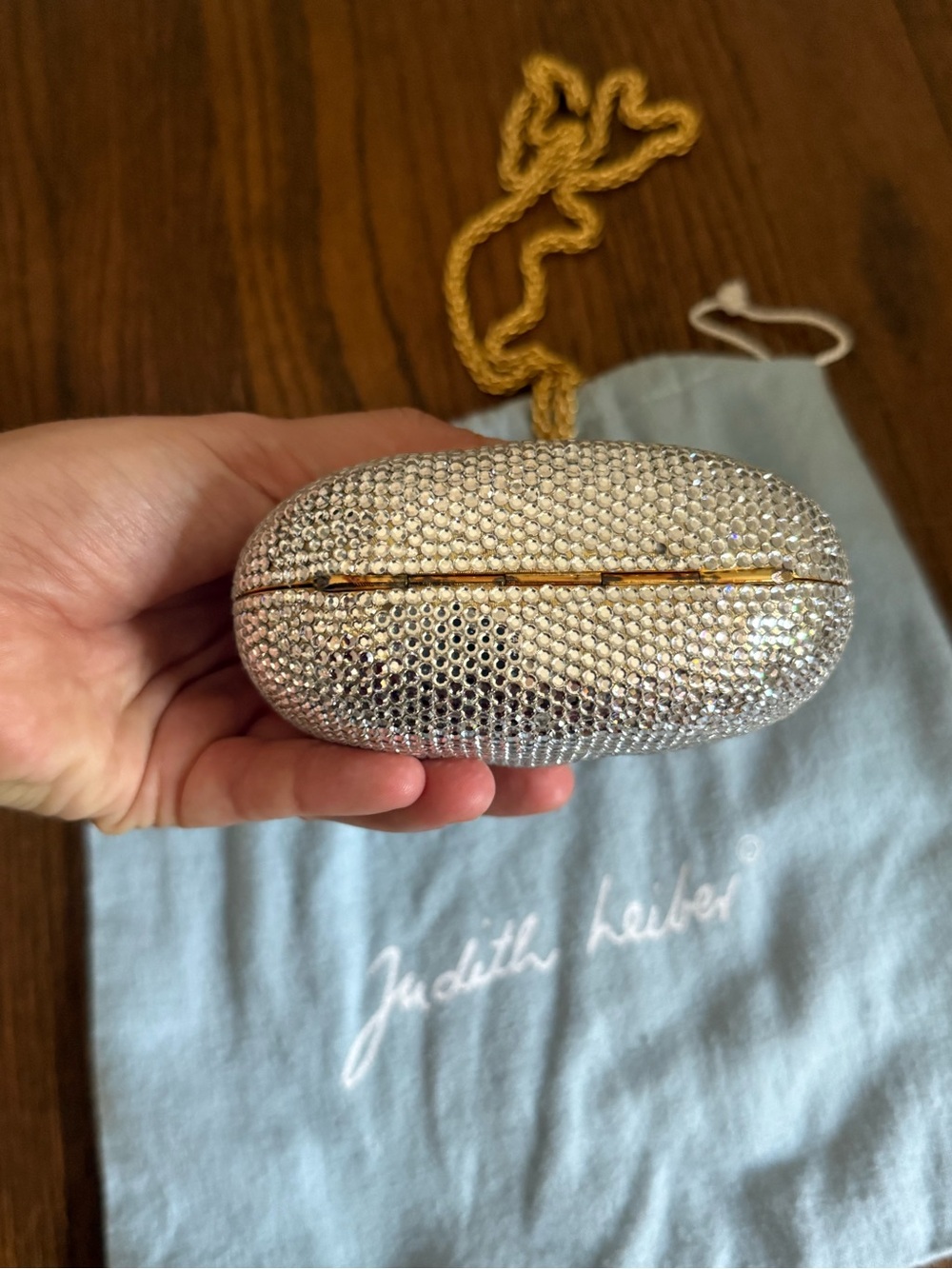 Judith Leiber Silver Crystal Drawstring Minaudière with Gold Chain Strap - Picture 8 of 8